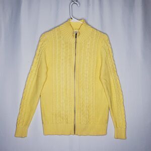 LL Bean Cable Knit Cardigan Women Medium Mock Neck Zip Yellow Fisherman Classic